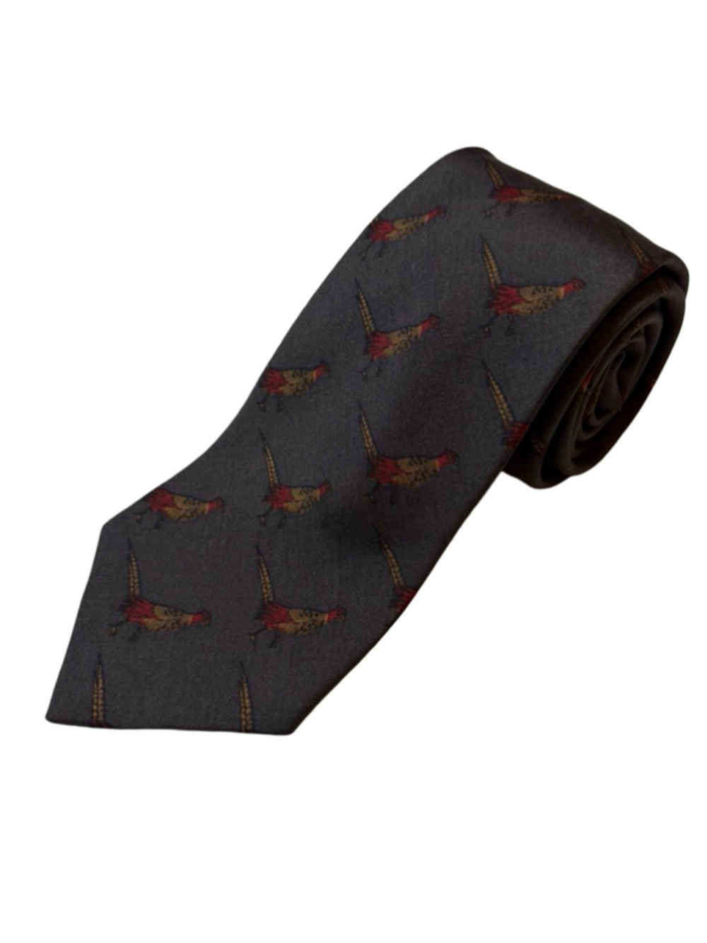 Paul Stuart Pheasant Bird Print Silk Tie Gray Country Club Hunting Luxury